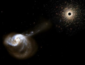This artist's conception shows a rogue black hole that has been kicked out from the center of two merging galaxies. The black hole is surrounded by a cluster of stars that were ripped from the galaxies. Credit: STScI